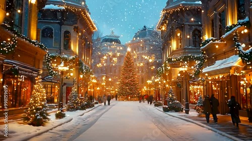 クリスマスイルミネーションの輝く街並み/Christmas Street Illuminated with Festive Lights generative AI
