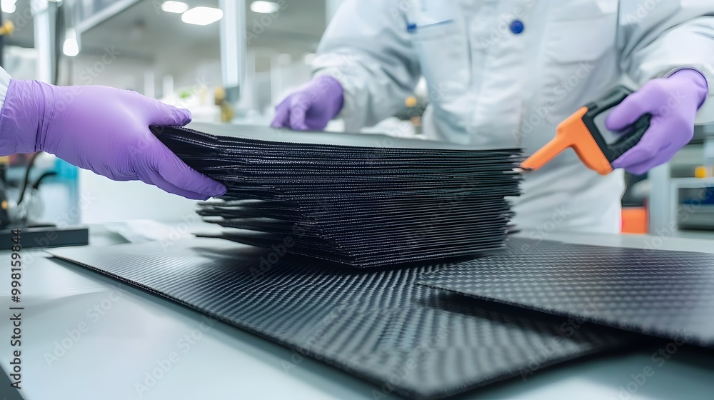 Intricate Layered Manufacture of Carbon Fiber Composite Material with Epoxy Resin in Factory Close up view of the stacking and lamination process of the high strength Intricate Layered Manufacture of Carbon Fiber Composite Material with Epoxy Resin in Factory Close up view of the stacking and lamination process of the high strength
