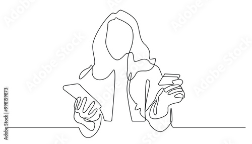 continuous line of happy young woman making online payment.one line drawing of woman holding payment card and hadphone.isolated white background