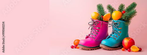 Photo of multi-colored shoes with fir branches sticking out, sweets and fruits for St. Nicholas Day.