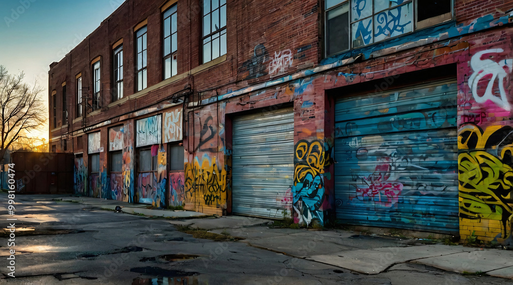 Fototapeta premium Gritty Urban Warehouse With Eclectic Graffiti And Street Art