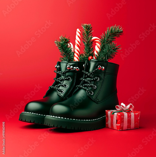 Photo of black polished shiny boots with fir branches and sweets sticking out on a red background on St. Nicholas Day.