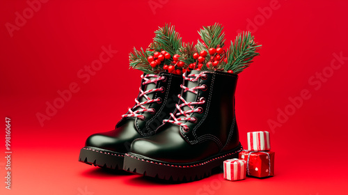 Photo of black polished shiny boots with fir branches and sweets sticking out on a red background on St. Nicholas Day.