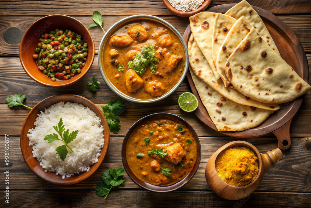 Indian ethnic food on wooden table from above: curry, dal, paneer, naan, chicken tikka masala, Indian dinner background Indian ethnic food on wooden table from above: curry, dal, paneer, naan, chicken tikka masala, Indian dinner background