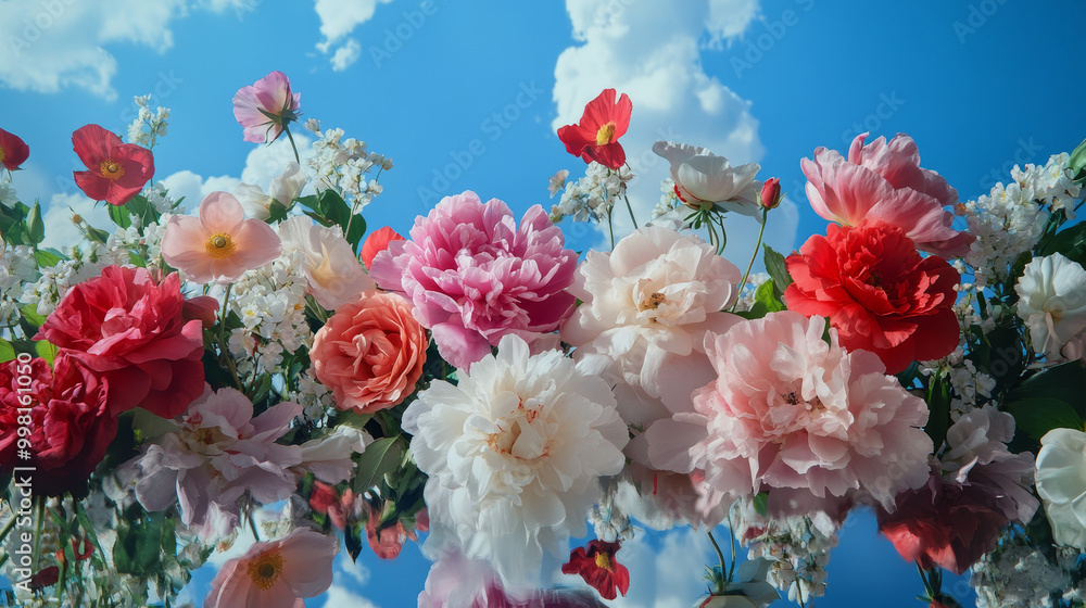 A group of flowers—peonies, roses, jasmine, and poppies—arranged on a mirror, reflecting the blue sky above.
A group of flowers—peonies, roses, jasmine, and poppies—arranged on a mirror, reflecting the blue sky above.