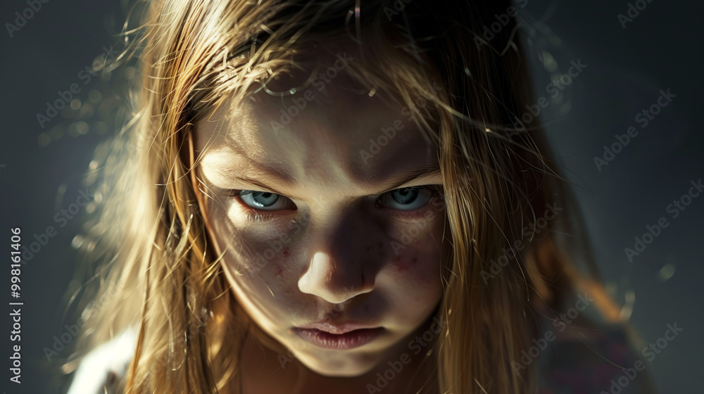 Dramatic portrait of girl with windswept blonde hair. Intense gaze and furrowed brow convey strong emotion. Warm lighting highlights her features against dark background. Dramatic portrait of girl with windswept blonde hair. Intense gaze and furrowed brow convey strong emotion. Warm lighting highlights her features against dark background.