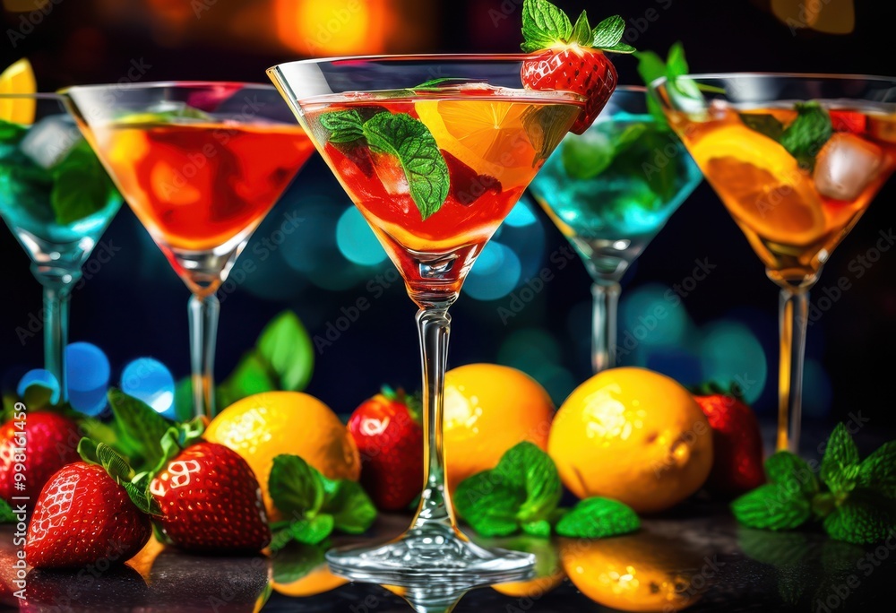 stylish martini glass filled colorful blend vibrant beverages garnished fresh ingredients, cocktail, drink, alcohol, party, celebration, bar, mixology stylish martini glass filled colorful blend vibrant beverages garnished fresh ingredients, cocktail, drink, alcohol, party, celebration, bar, mixology