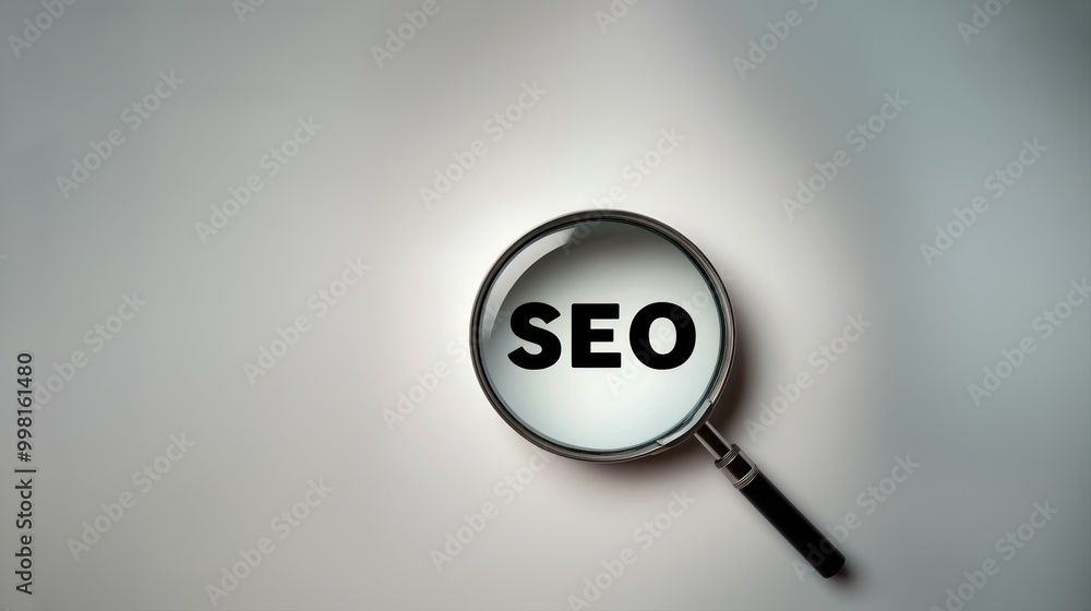 Magnifying glass centered over thick black capital letters S E O on a white background, symbolizing search and optimization, focus on digital marketing concept Magnifying glass centered over thick black capital letters S E O on a white background, symbolizing search and optimization, focus on digital marketing concept