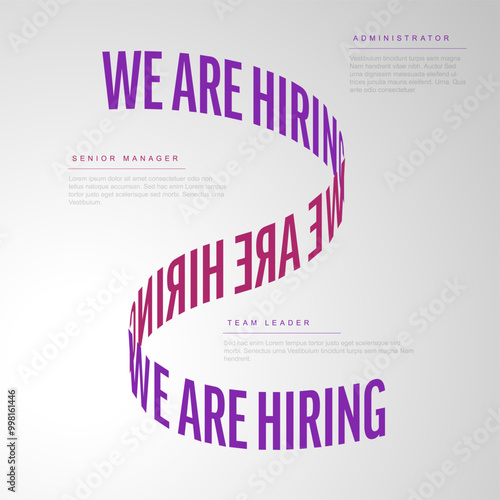 Modern we are hiring poster with purple letters on light background with three free positions descriptions. Multipurpose Join our team banner flyer template