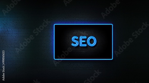 Neon blue text SEO against a brick background with a glowing light effect, emphasizing search engine optimization, digital marketing