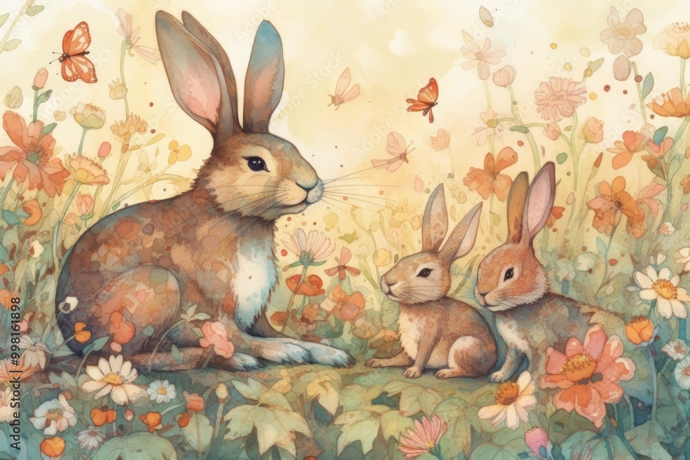 Fototapeta premium A serene scene of a mother rabbit with two young ones in a floral setting.