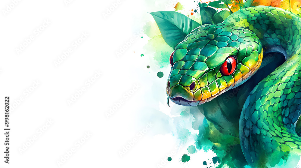 Obraz premium A festive Chinese New Year image featuring a green snake with red eyes on a light background. Copy space.