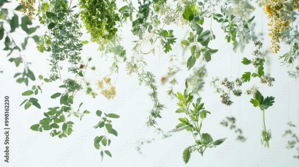 Obraz premium A collection of various green herbs and plants hanging from the ceiling