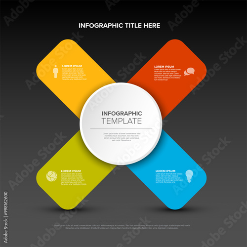 Multipurpose cross infographic template with big center and four elements on color crossed stripes all on dark gray background with light shadow
