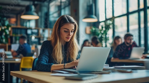 Corporate businesswoman working in a bustling marketing office area, planning plans in books and reading emails on her laptop in the office. 