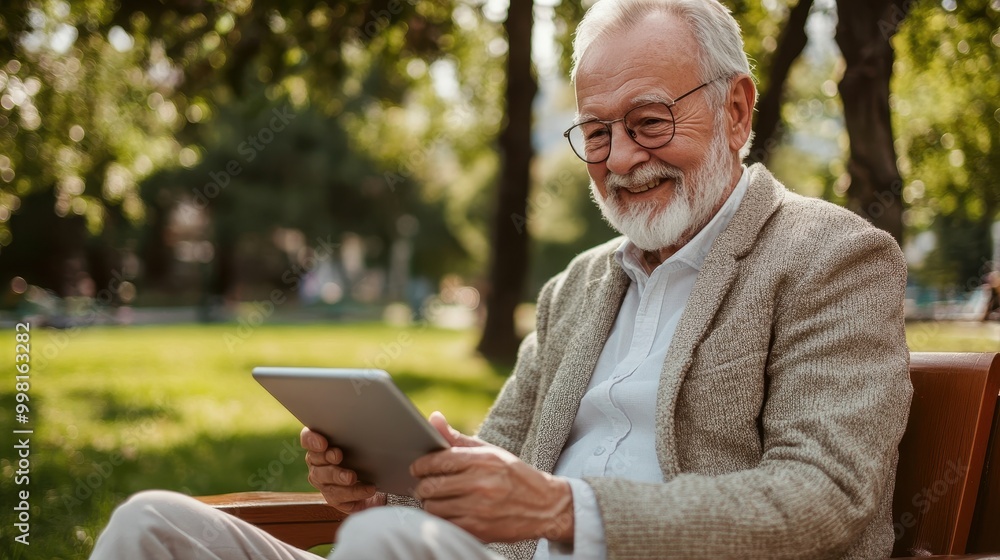 An older man is sitting on a bench and smiling while holding a tablet An older man is sitting on a bench and smiling while holding a tablet