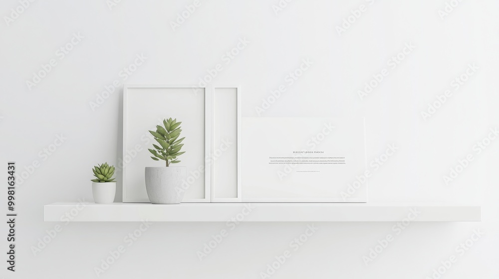 Fototapeta premium A minimalist white shelf with a single framed quote and a small succulent plant.