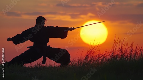 A man in a black karate uniform is practicing his sword skills in front of a set