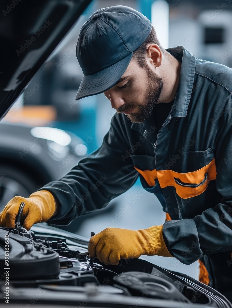 A man in a blue and orange uniform is working on a car engine A man in a blue and orange uniform is working on a car engine