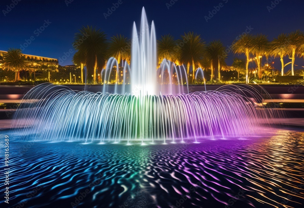 Fototapeta premium dynamic water flow highlighted modern fountain sleek design illuminating lighting effects, illumination, movement, splash, architecture, structure
