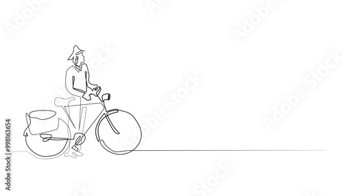continuous line postman with bicycle.one line drawing of postman profession.postal delivery by bicycle.single line vector illustration