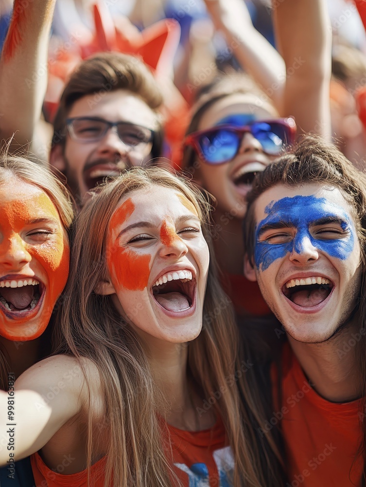 A group of people are smiling and wearing orange and blue face paint A group of people are smiling and wearing orange and blue face paint
