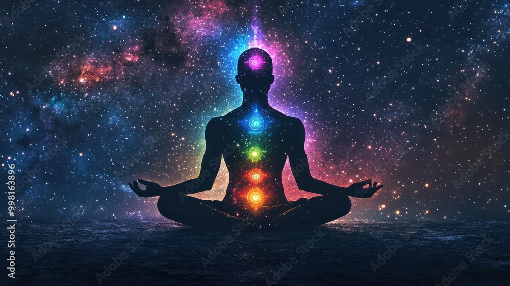 Meditating human silhouette in yoga lotus pose. Galaxy universe background. Colorful chakras and aura glow. Meditation on outer space background with glowing chakras. Esoteric. Meditating human silhouette in yoga lotus pose. Galaxy universe background. Colorful chakras and aura glow. Meditation on outer space background with glowing chakras. Esoteric.
