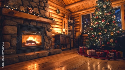 A glowing fireplace in a wooden cabin next to a beautifully decorated Christmas tree, evoking a warm and festive New Year's mood. Holiday lights twinkle all around.