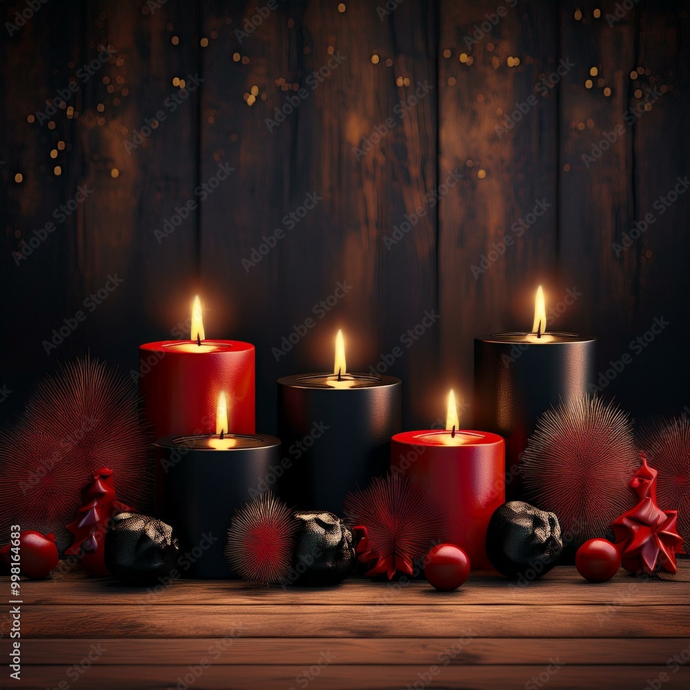 Holiday candles in red and black on a rustic wooden table postcard Holiday candles in red and black on a rustic wooden table postcard