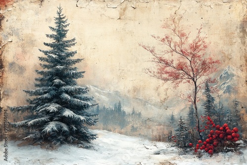 A vintage-style painting depicting a snow-covered winter landscape with a tall fir tree on the left and a red-berried bush on the right, with a mountain range in the background. photo