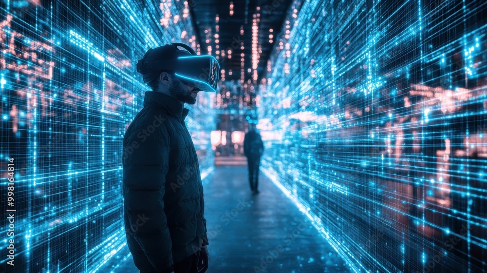 Obraz premium A man wearing a virtual reality headset stands in a tunnel of blue lights