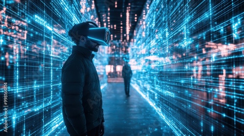 A man wearing a virtual reality headset stands in a tunnel of blue lights photo