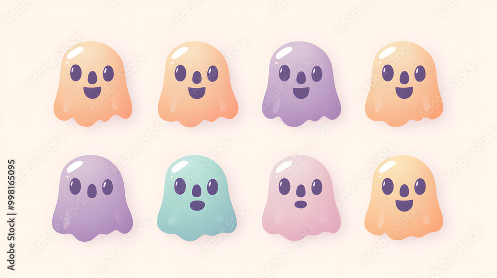 Simple pastel ghost face set of icons with smooth rounded edges and ...