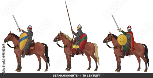 Set of Three Early Medieval Knights on Horseback in Armour and with Various Weapons, Illustration Isolated on Transparent Background, EPS 10 Vector