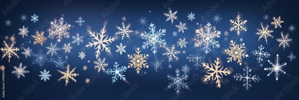 Snowflakes falling gracefully against a deep blue background during winter festivities Snowflakes falling gracefully against a deep blue background during winter festivities