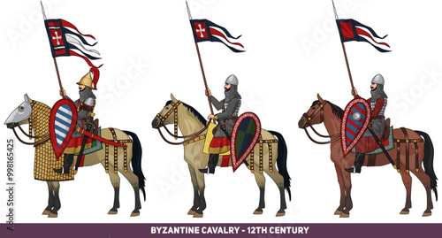 Set of Three Early Medieval Knights on Horseback in Armour and with Various Weapons, Illustration Isolated on Transparent Background, EPS 10 Vector
