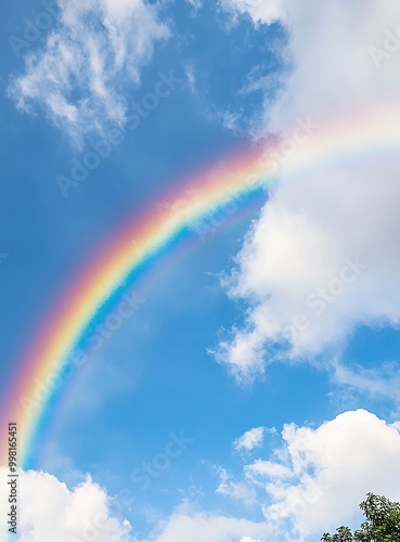 A breathtaking display of a rainbow shining through white clouds in the sky