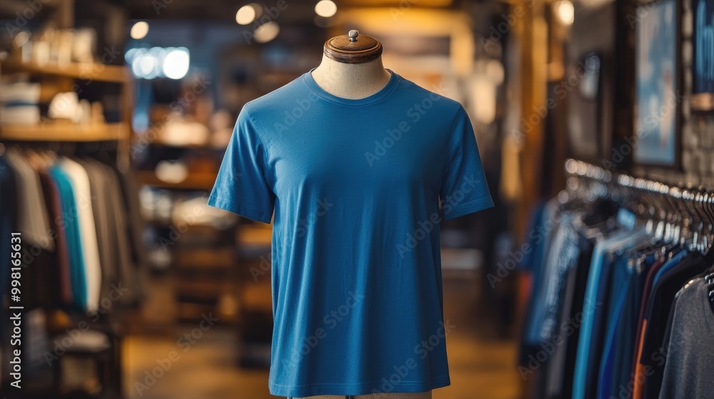 A plain blue T-shirt displayed on a mannequin in a stylish clothing boutique. A plain blue T-shirt displayed on a mannequin in a stylish clothing boutique.
