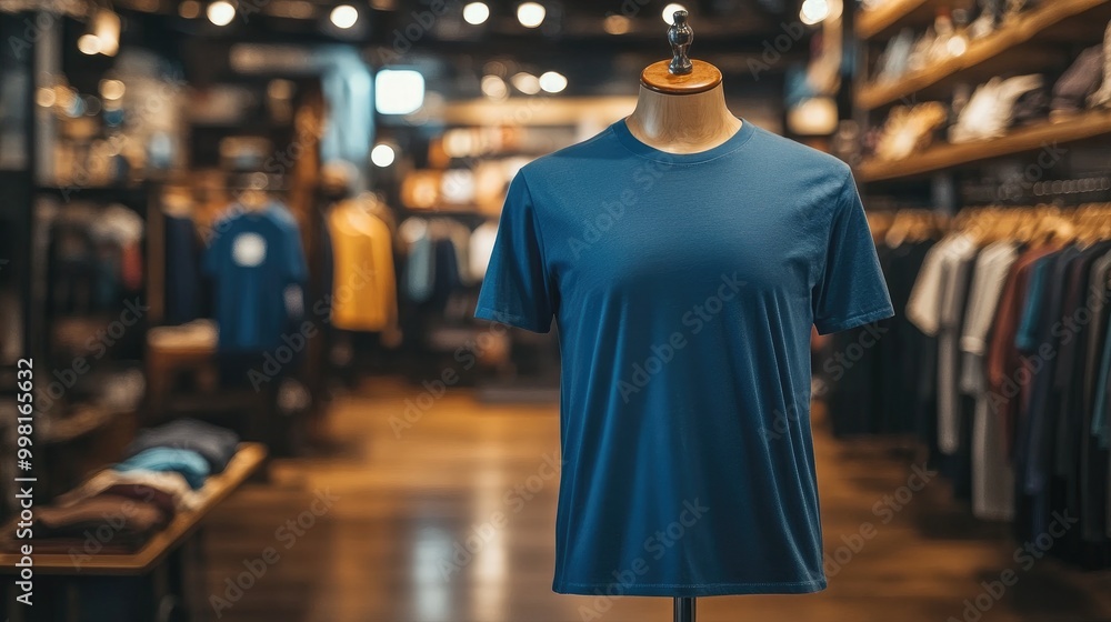 A plain blue T-shirt displayed on a mannequin in a stylish clothing boutique. A plain blue T-shirt displayed on a mannequin in a stylish clothing boutique.