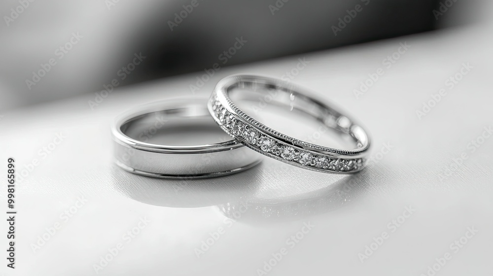 A pair of silver wedding rings, one with a diamond setting, placed side by side on a clean, white surface, representing unity and eternal love. A pair of silver wedding rings, one with a diamond setting, placed side by side on a clean, white surface, representing unity and eternal love.