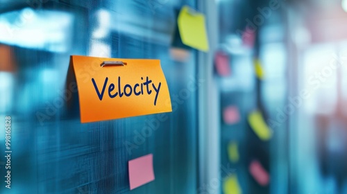 Scrum Agile business board with a sticky note with the word "Velocity"