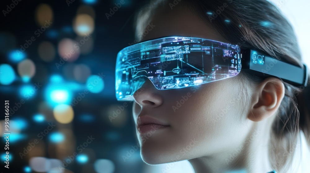 Woman Wearing Futuristic Augmented Reality Glasses Woman Wearing Futuristic Augmented Reality Glasses