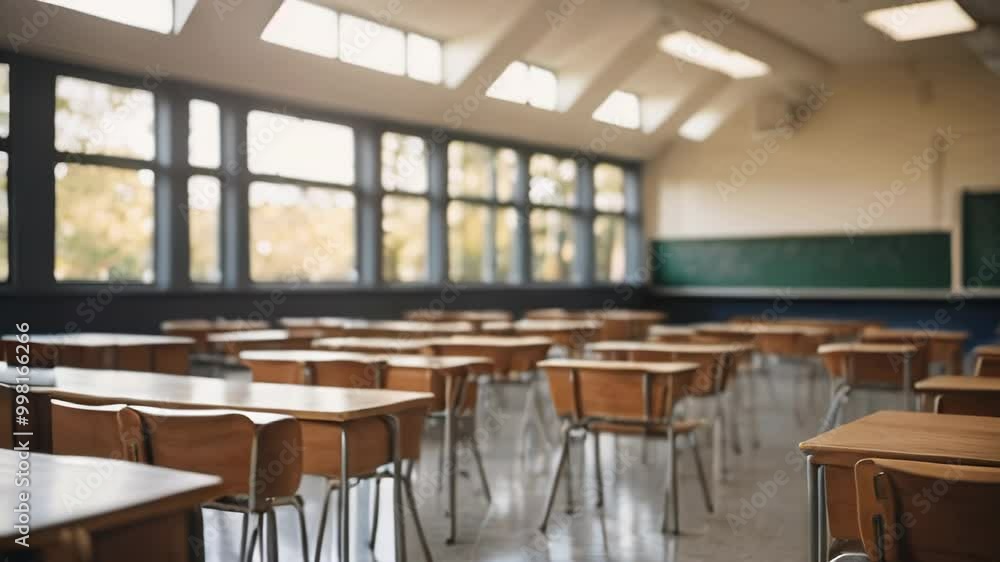 Camera moving right showing empty desks in classroom Camera moving right showing empty desks in classroom