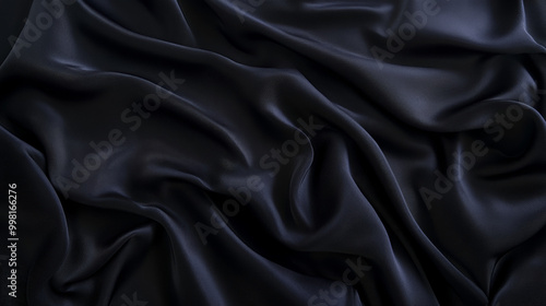 A processed collage showcasing the smooth, elegant wavy texture of deep black silk cloth fabric. This background is suitable for banners, backdrops, or as a texture for 3D mapping.