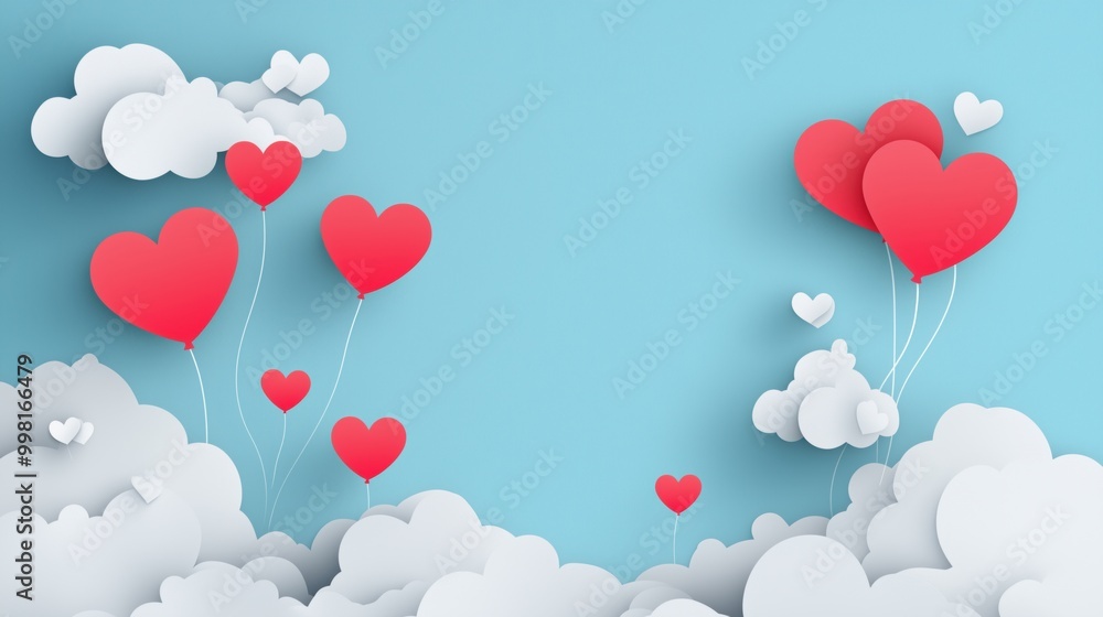 Red heart balloons floating in blue sky with white clouds Red heart balloons floating in blue sky with white clouds