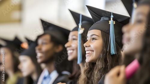 A diverse group of graduates smiles as they look towards a bright future. photo