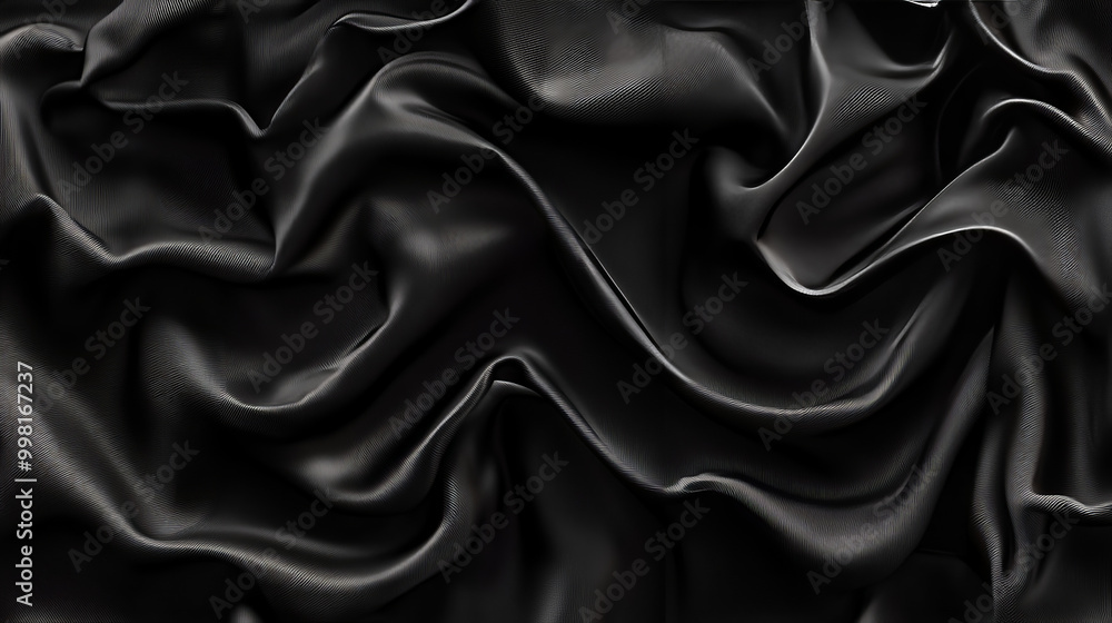 Obraz premium A processed collage showcasing the smooth, elegant wavy texture of deep black silk cloth fabric. This background is suitable for banners, backdrops, or as a texture for 3D mapping.