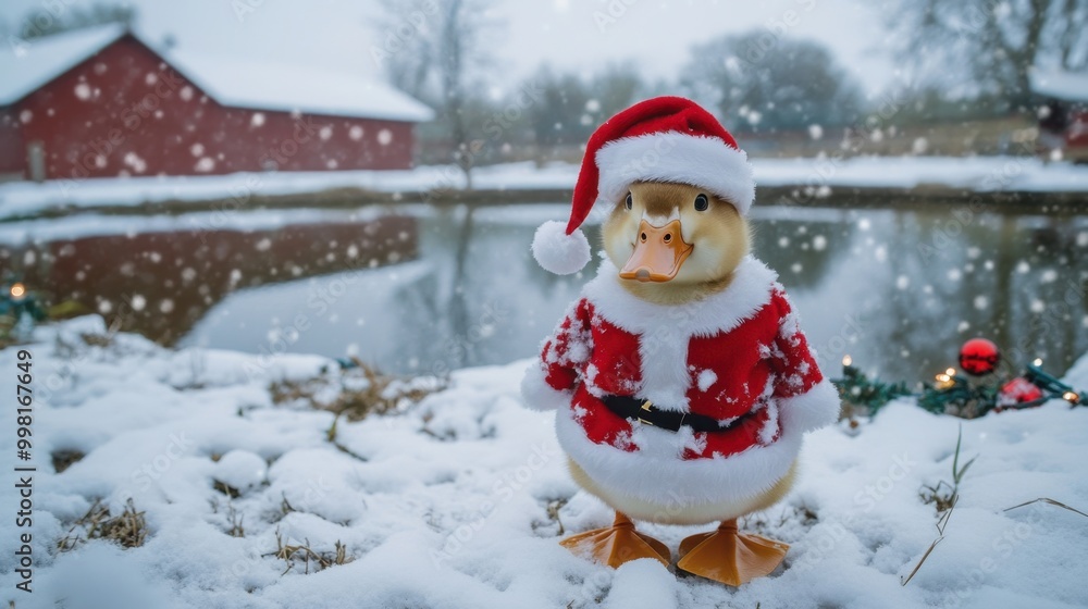 Fototapeta premium A festive duck wearing a Santa hat and coat stands snowy by a pond, embodying the joyful spirit of the winter season.