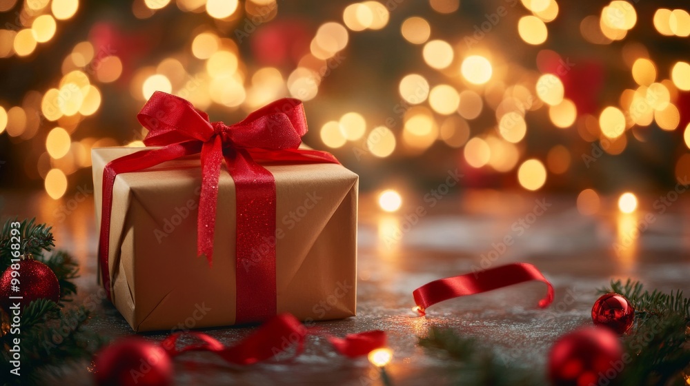 A present wrapped in brown paper, tied with a red ribbon and a bow, shines in the Christmas lights. A present wrapped in brown paper, tied with a red ribbon and a bow, shines in the Christmas lights.