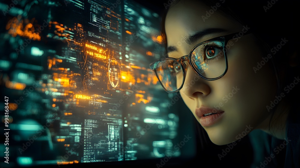 Healthcare professional analyzing health data through a holographic display, illustrating use of advanced interfaces in healthcare Healthcare professional analyzing health data through a holographic display, illustrating use of advanced interfaces in healthcare
